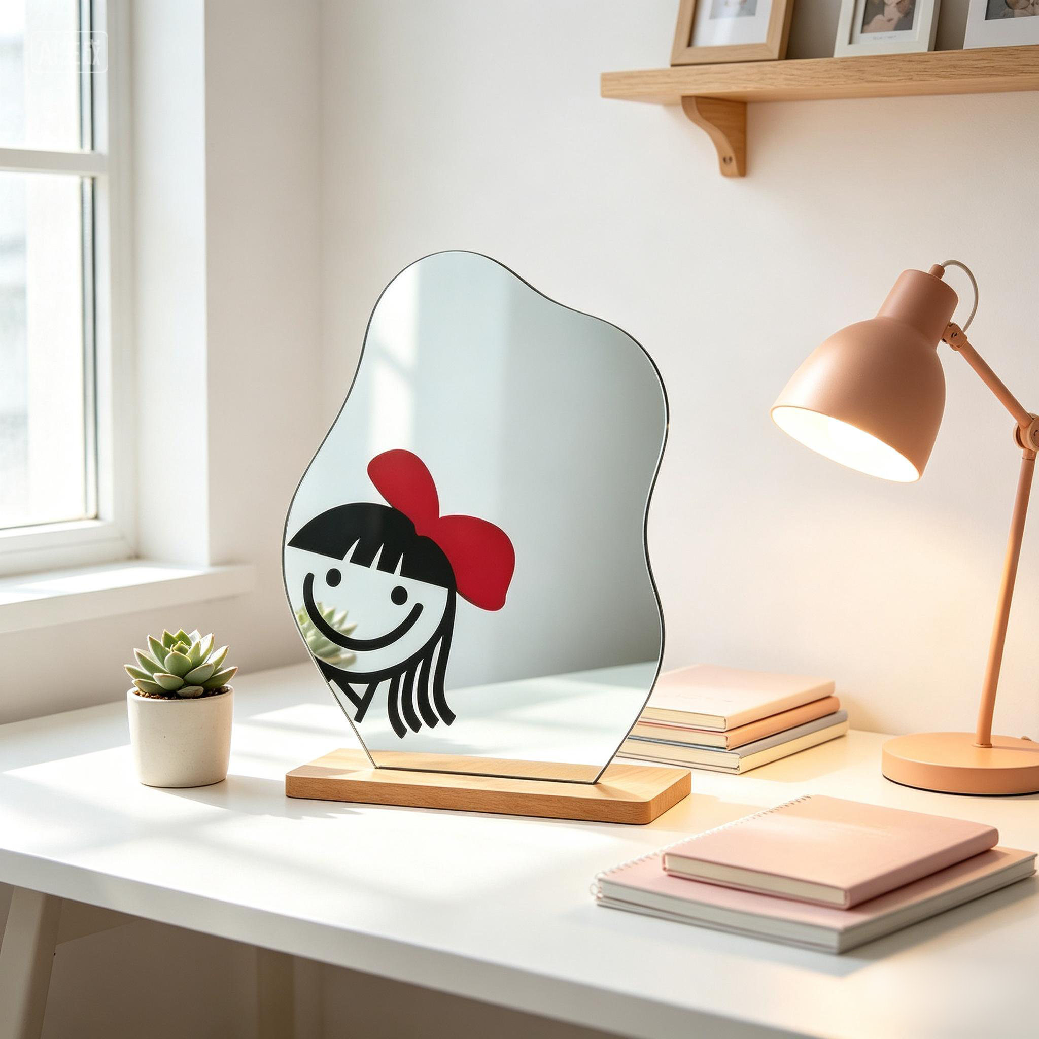 Irregular UV Printed Acrylic Mirror Stand With Plywood Base Reative Desktop Decor
