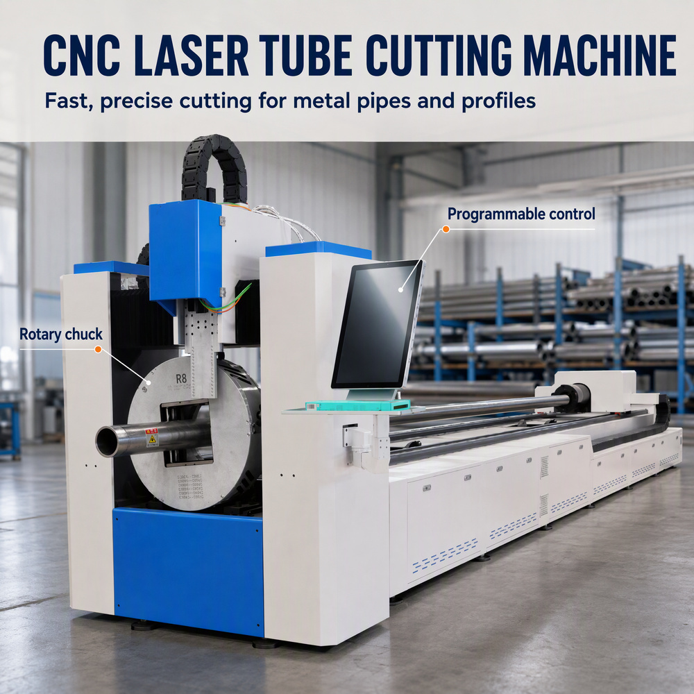 CNC Laser Tube Cutting Machine | Fast & Precise Cutting for Metal Pipes and Profiles, Rotary Chuck & Programmable Control
