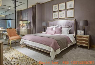 Villa house upholstered headboard by golden painting wood bed with luxury Nightstand for Villa house interior designer
