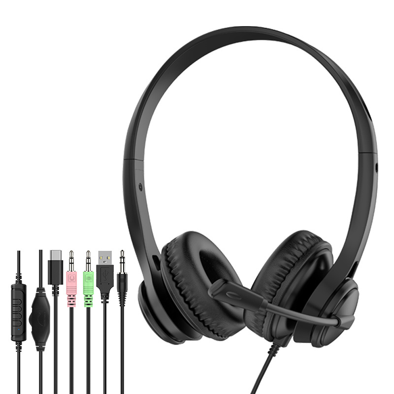 JTY-1225 Head mounted wired headphones with microphone, desktop laptop, online learning, office, customer service, call headset 3.5mm/Type-C/USB plug, supporting OEM/ODM customization service