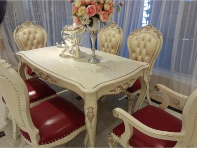 Six Seat Classic French Furniture White Dining Table Rose Carve Pattern Crooked Legs