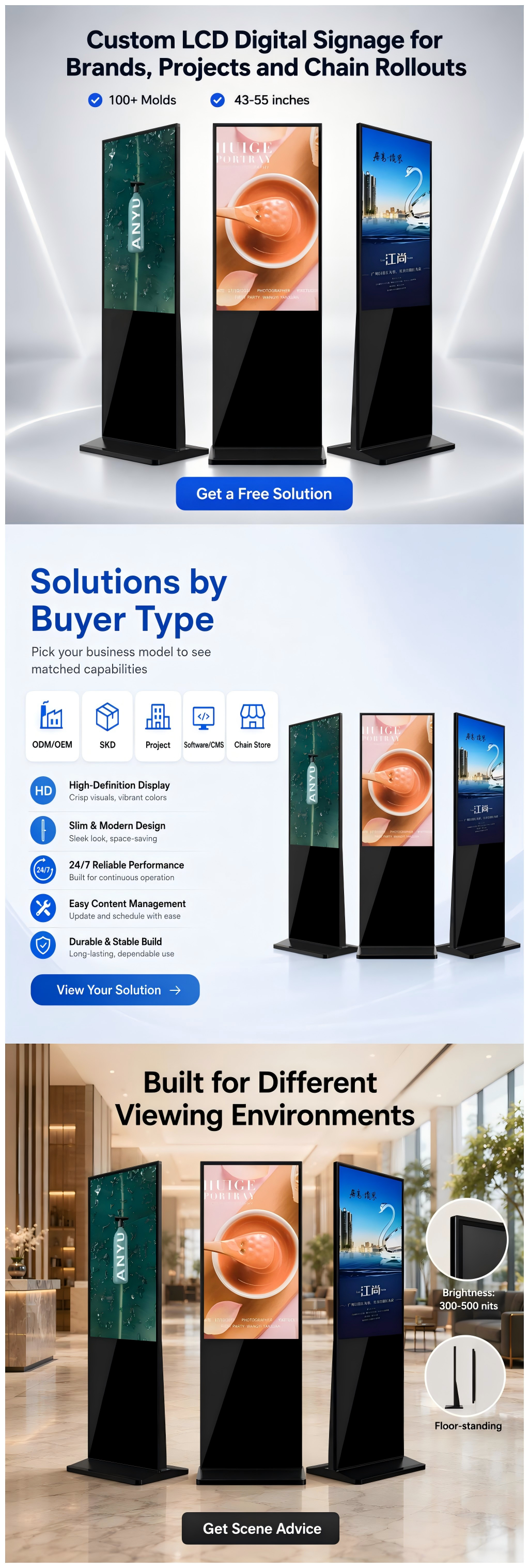 55 Inch Indoor Floor Standing LCD Digital Signage Video Wall Kiosk Player For Shopping Mall Elevator