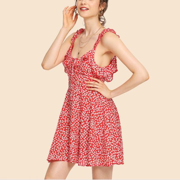 2018 fashion summer ruffle floral red mini backless dress for women