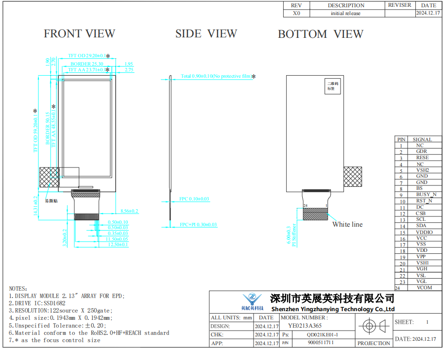 2.13 Inch E-paper Display 122*250 Resolution 24pin Low Power Consumption E-Ink Screen
