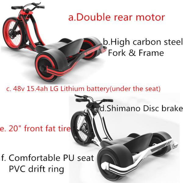 35km/h 1000w Rear Double Motor Electric Drift Trike with 48v 15.4ah LG Lithium Battery