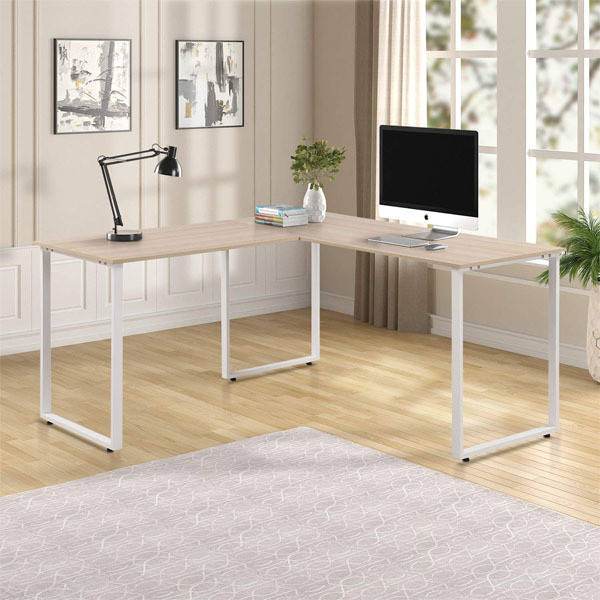 Metal and Wood L Shape Desk for Home Office Study Table in Modern Design