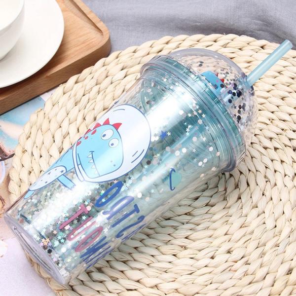 Чашка Sequin звезды куклы динозавра бутылки Drinkware двойного слоя ABS выпивая с соломой