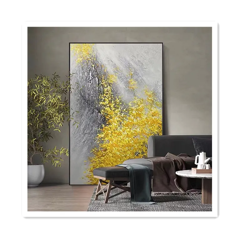 Modern Handpainted Oil Painting On Canvas Abstract Landscape Fortune Golden Leaf Texture Art