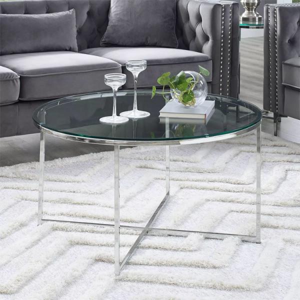 Living Room Furniture PU Leather Cover Material Round Glass Coffee Table Modern Design