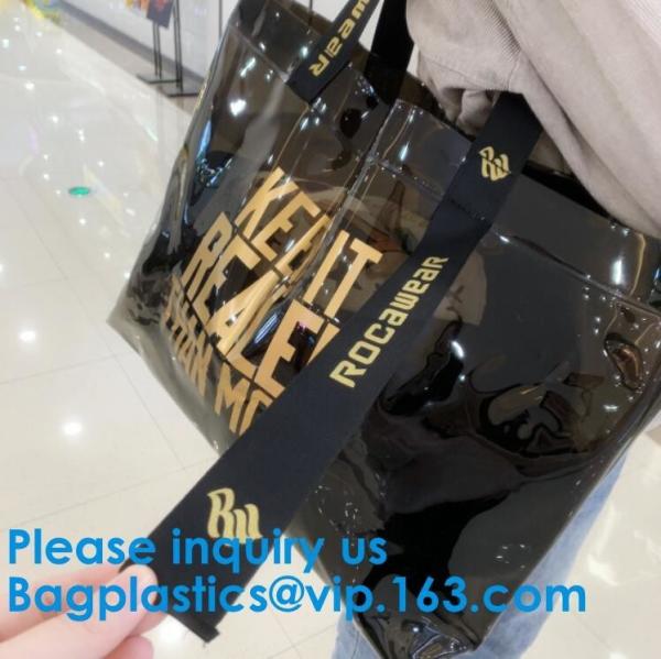 Vinyl PVC Shopping Bag, Shoulder Tote Bag Clear Waterproof Beach Handbag Custom Logo Handle Shopping Bag