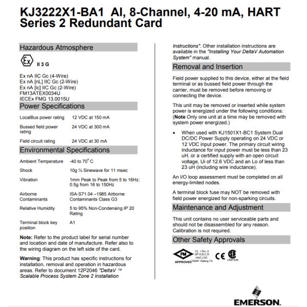 канал 4-20ma Ai 8 ввода аналога Deltav управления процессом 12p2532x092 Kj3222x1-Ba1 Emerson