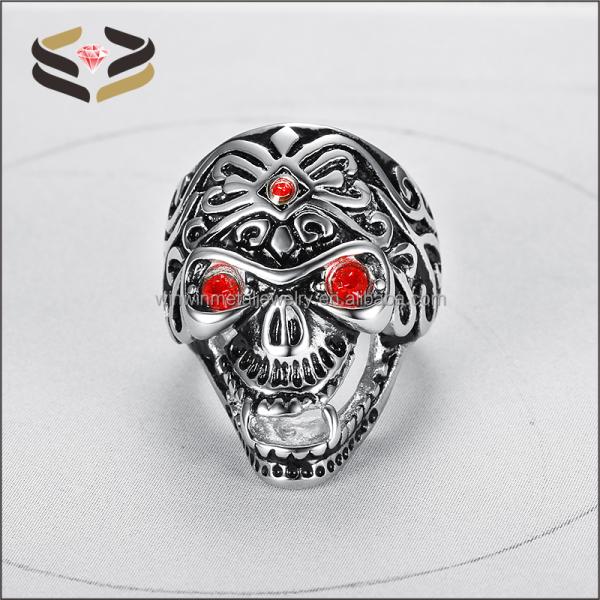 Vintage Flower Carved Stainless Steel Men's Ring with Red Crystal Eye and Halloween Party Accessory