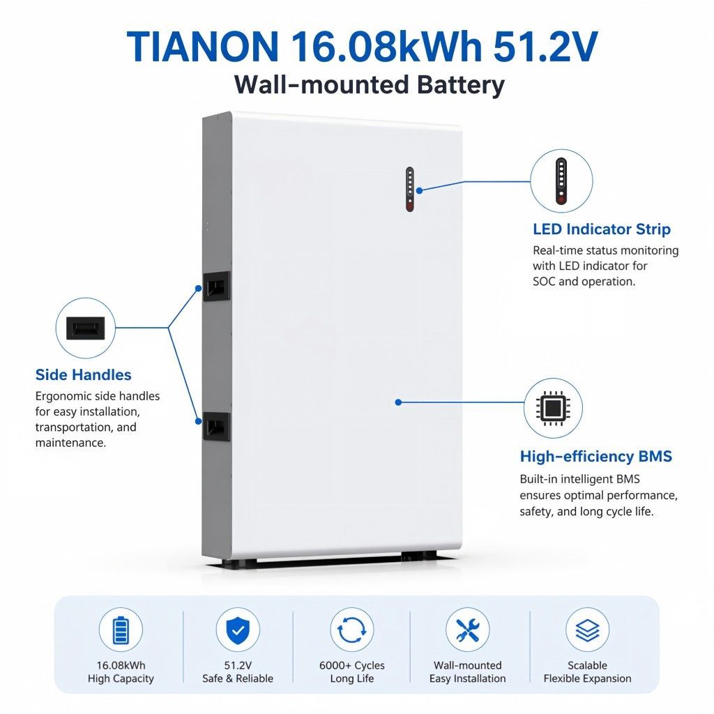 Wall-Mounted LiFePO4 Battery 51.2V 100Ah 5.12kWh 6000 Cycles Smart BMS WiFi Home Energy Storage System