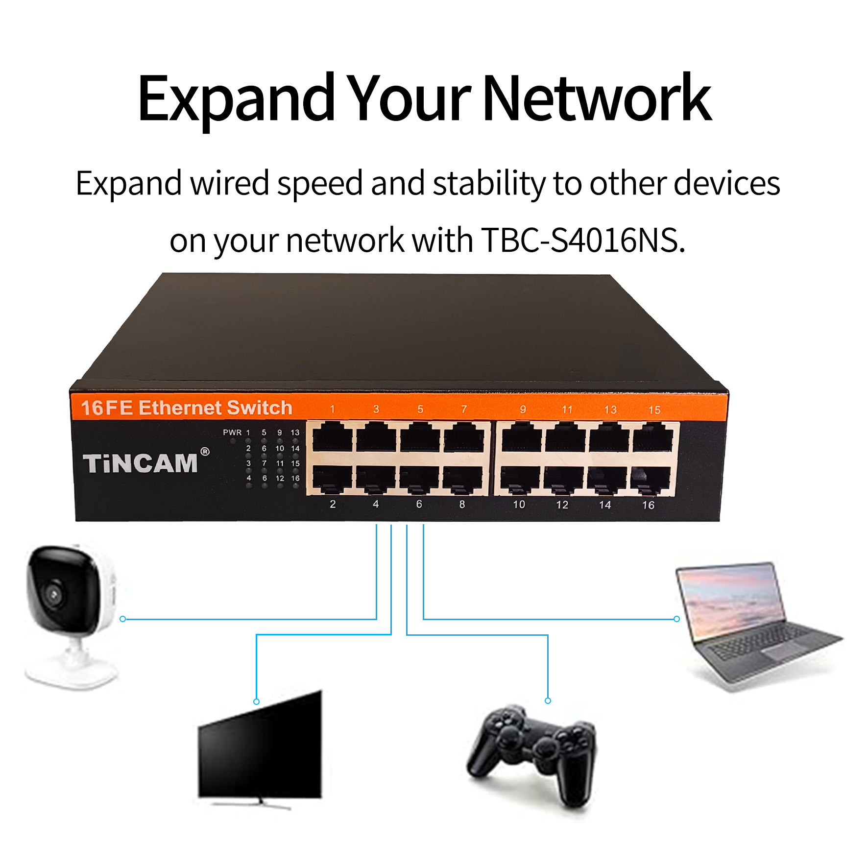 16-Port 10/100Mbps Fast Ethernet Switch Mini Desktop Metal Case with Built-in Power Supply TBC-S4016NS