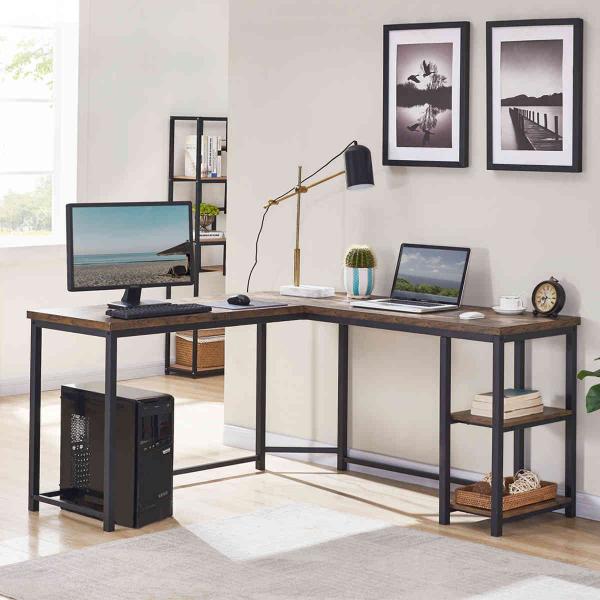 80cm Height L Shape Writing Desk 2 Tier Open Shelf Metal Tube Legs