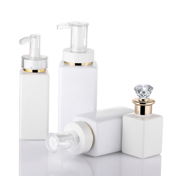 High Quality Luxury White Customize Square  Shampoo Hair Lotion Bottle With Diamond Gold Rim Cap