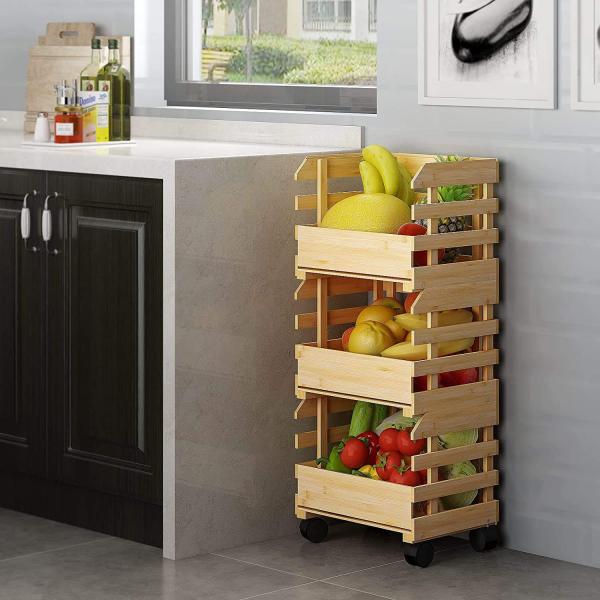Устойчивое 3-уровневое бамбуковое корзиновое стойло с колесами для овощей и фруктов
