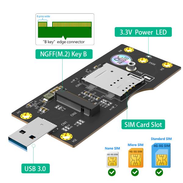 USB 3.0 Type-A Connector To M.2 NGFF Key-B Wireless Adapter Card 1 Стандартный слот SIM для 5G 4G LTE WWAN GSM Модемный модуль