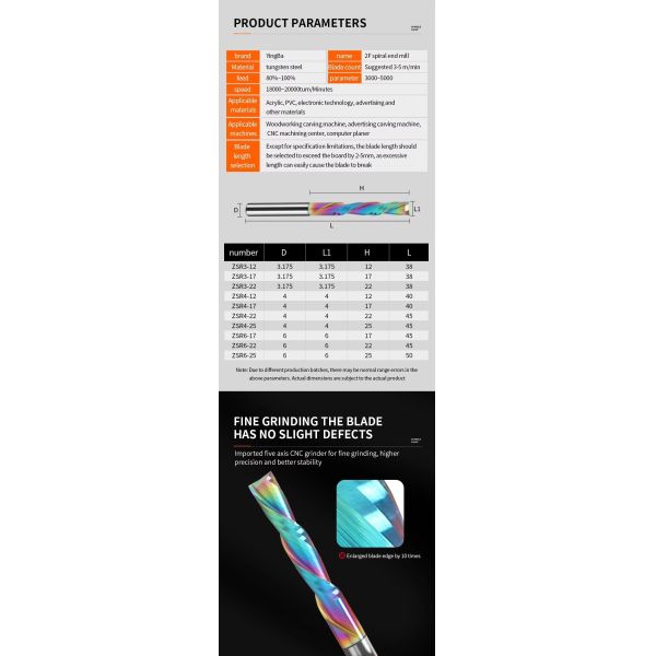 Best Selling YingBa DLC Tungsten Steel 2F Spiral End Mill 6*22*50 For Acrylic,PVC,Electronic Technology CNC Wood Bit