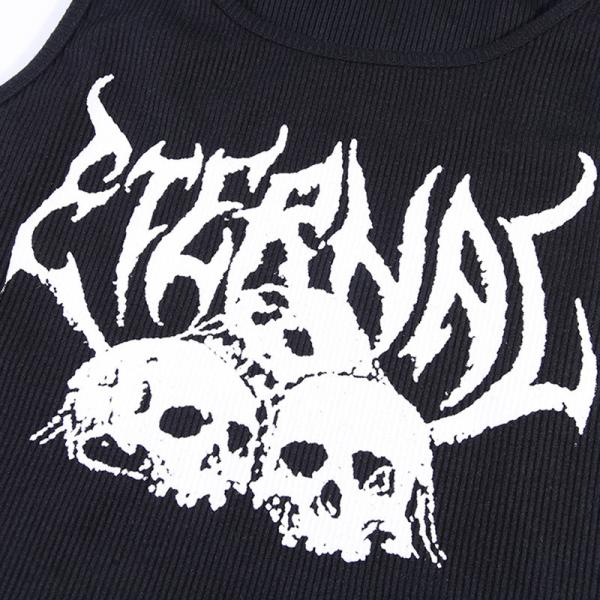 Skull Print Women Crop Top Shirt U Collar Contrasting Color