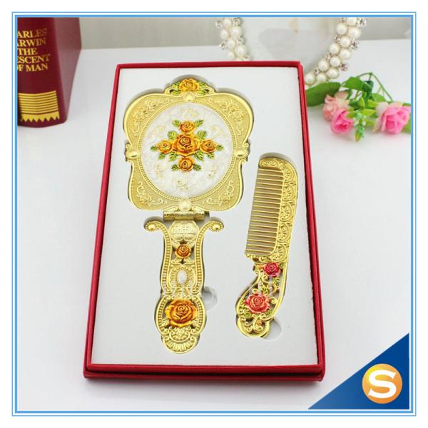 Rose Design Metal Materials Vanity Girl Hollywood Cosmetic Makeup Table Mirror With Handle Wedding Gifts