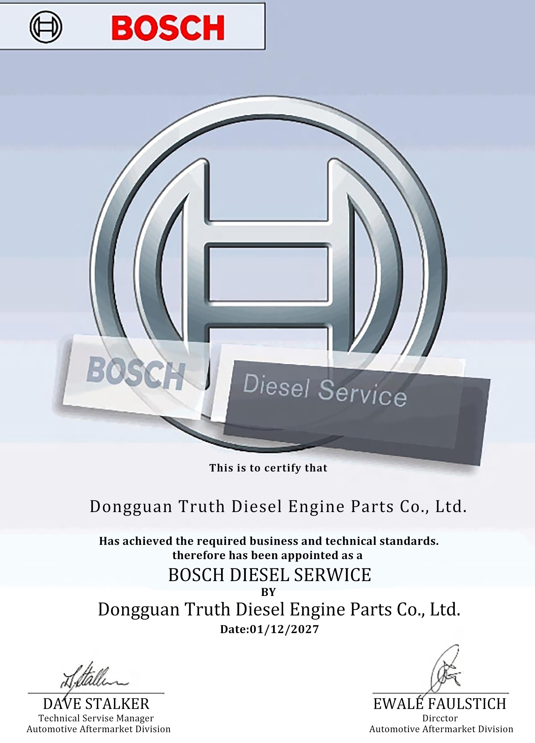 Dongguan Truth Diesel Engine Parts Co., Ltd. Certifications