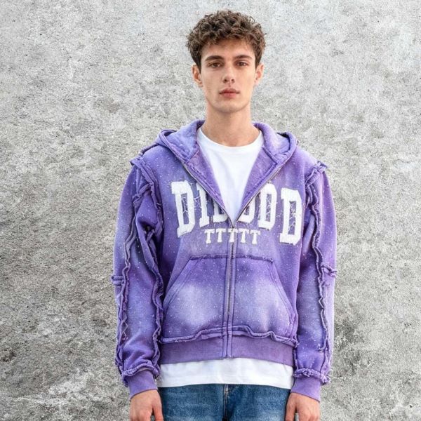 OEM&ODM Wholesale Custom High Quality Heavyweight Men's Hoodie Applique Embroidered Rhinestone Acid Wash Fashion Zip up Hoodie