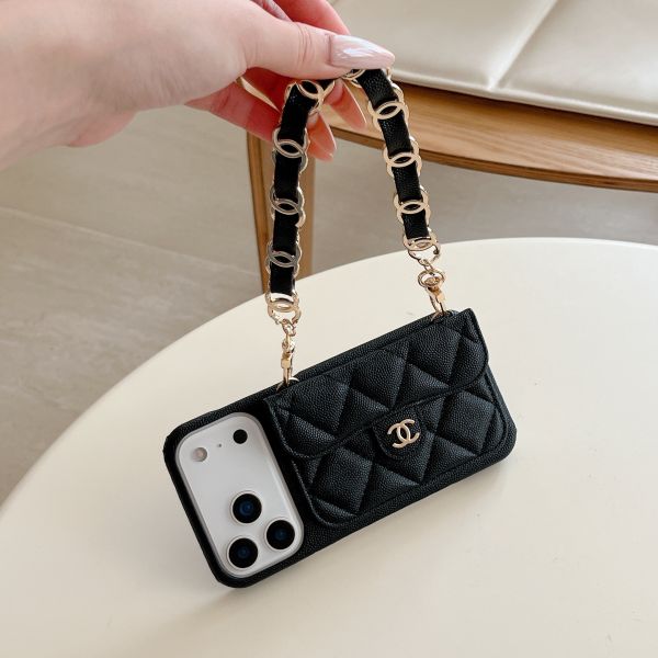 Lychee Pattern Card Holder iPhone 17 Pro Max Phone Case with Handheld Short Chain Leather 16 Pro Protective Cover