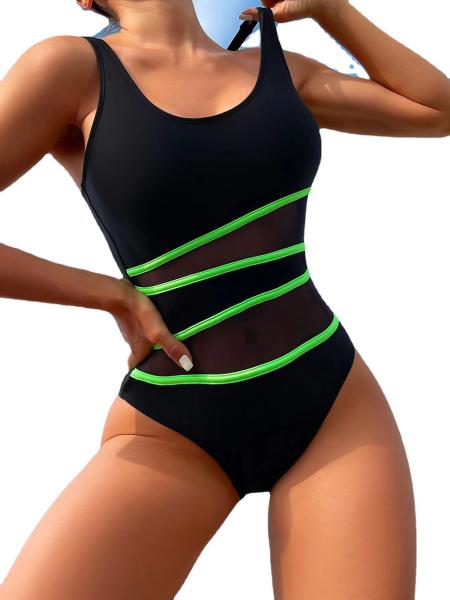 Stitching Black Sexy Bikini Gauze High Waist One Piece Bikini Women'S Swimsuit