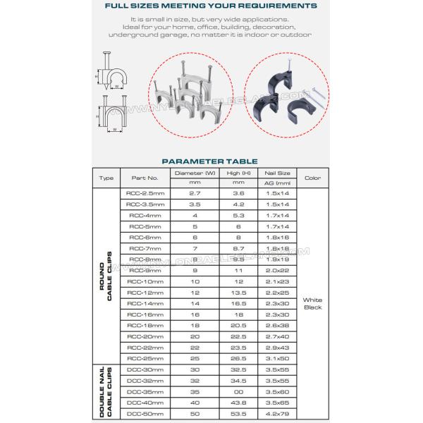 Кабельные скобы Ø2,5~25мм с одним гвоздем и скобы кабеля круглые Ø30~50мм с двумя гвоздями для управления кабелями