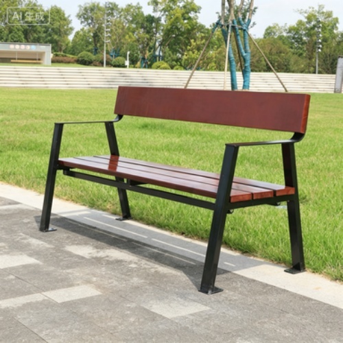 Outdoor Metal Frame Park Bench With Backrest , Wood Slat Patio Garden Bench