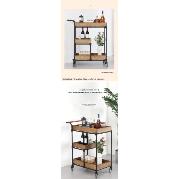 MOYI Customized Iron and Wood Trolley Quality Wooden Cart with Wheels for Hotels and Bars