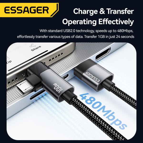 ESSAGER ES-X59 4 in 1 Cable with 100W Fast Charging 7A High Current and USB 2.0 480Mbps Data Transfer for Multiple Devices