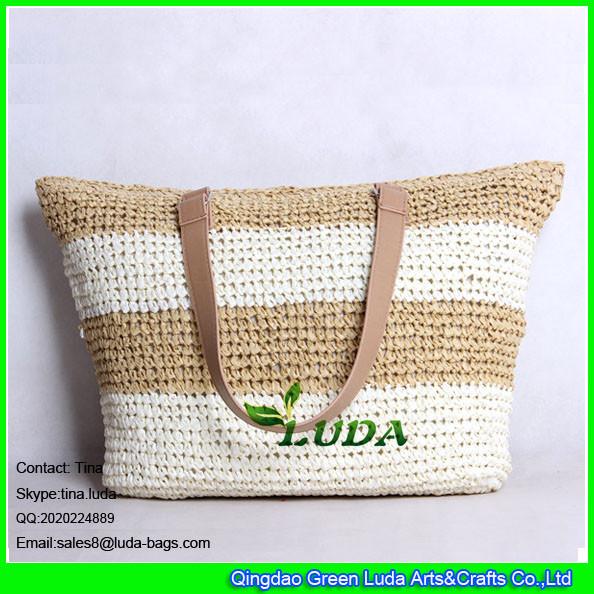 LUDA hot sell handmade double crochet handbag striped straw beach tote bag