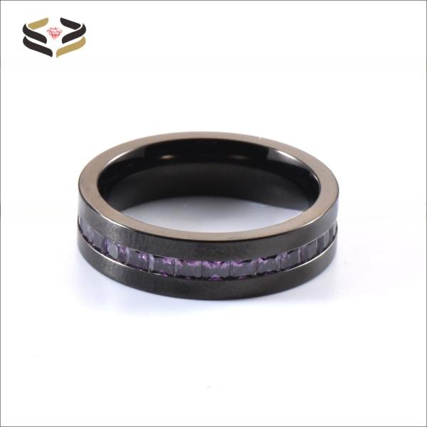 Bagues de mariage en titane avec incrustation de pierre CZ violette, bords plats plaqués noir pour hommes, 6MM