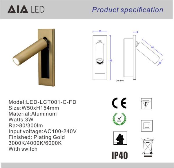 Adjustable recessed led reading light/flexible bed wall light/led bedside wall light hotel