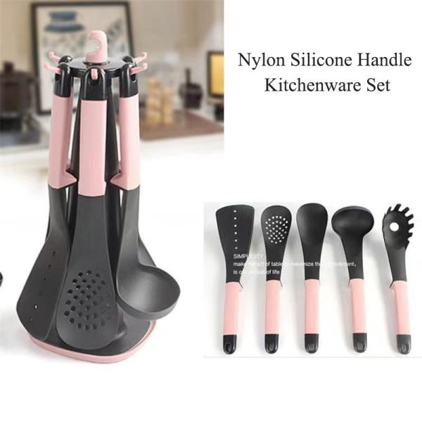 High Temperature Food Grade Plastic Spatula Spoon Set Kitchenware 5 Pieces with Rack