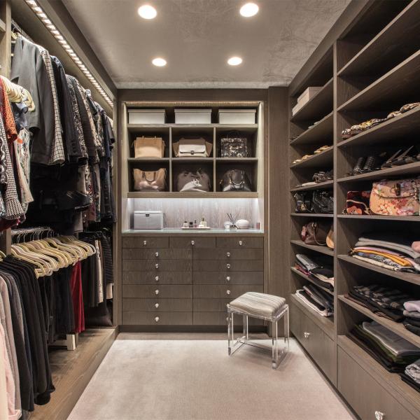 Modern Home Beige Grey Melamine Walk In Closet Glass Door For Dressing Room