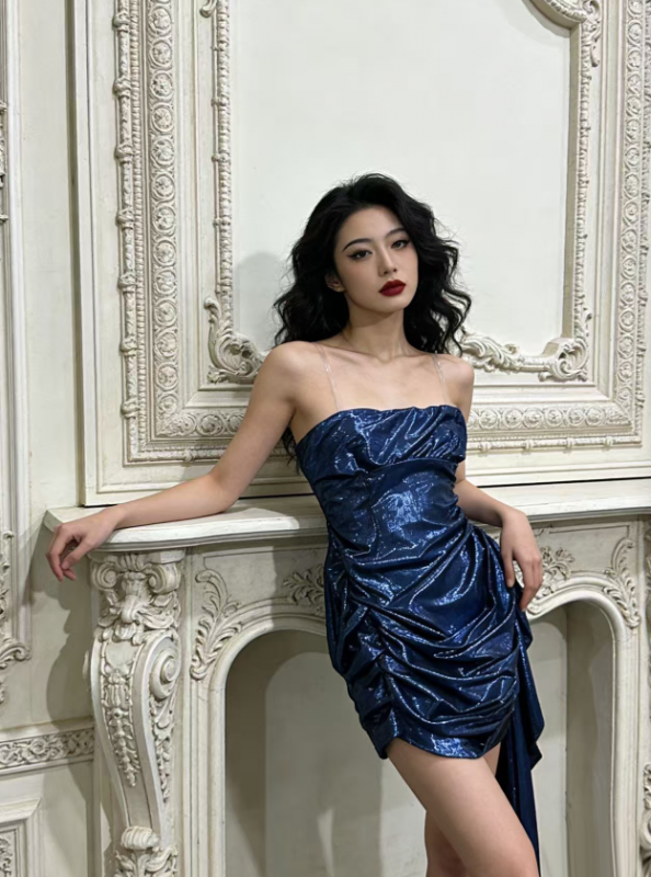 Women's 5-Color Shiny Metallic Mini Dress with Trailing Tail