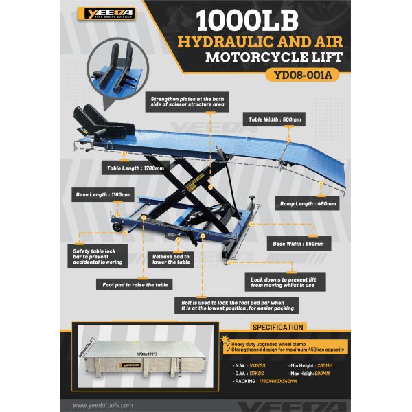 1000LB Motorcycle Lift : Hydraulic-Air, 450kg Capacity for Repair/Modification/Racing