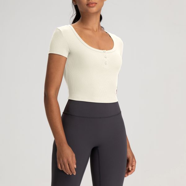 Yoga Ribbed Knit Cropped Short Sleeve Henley Top Mauve Slim Fit for Women