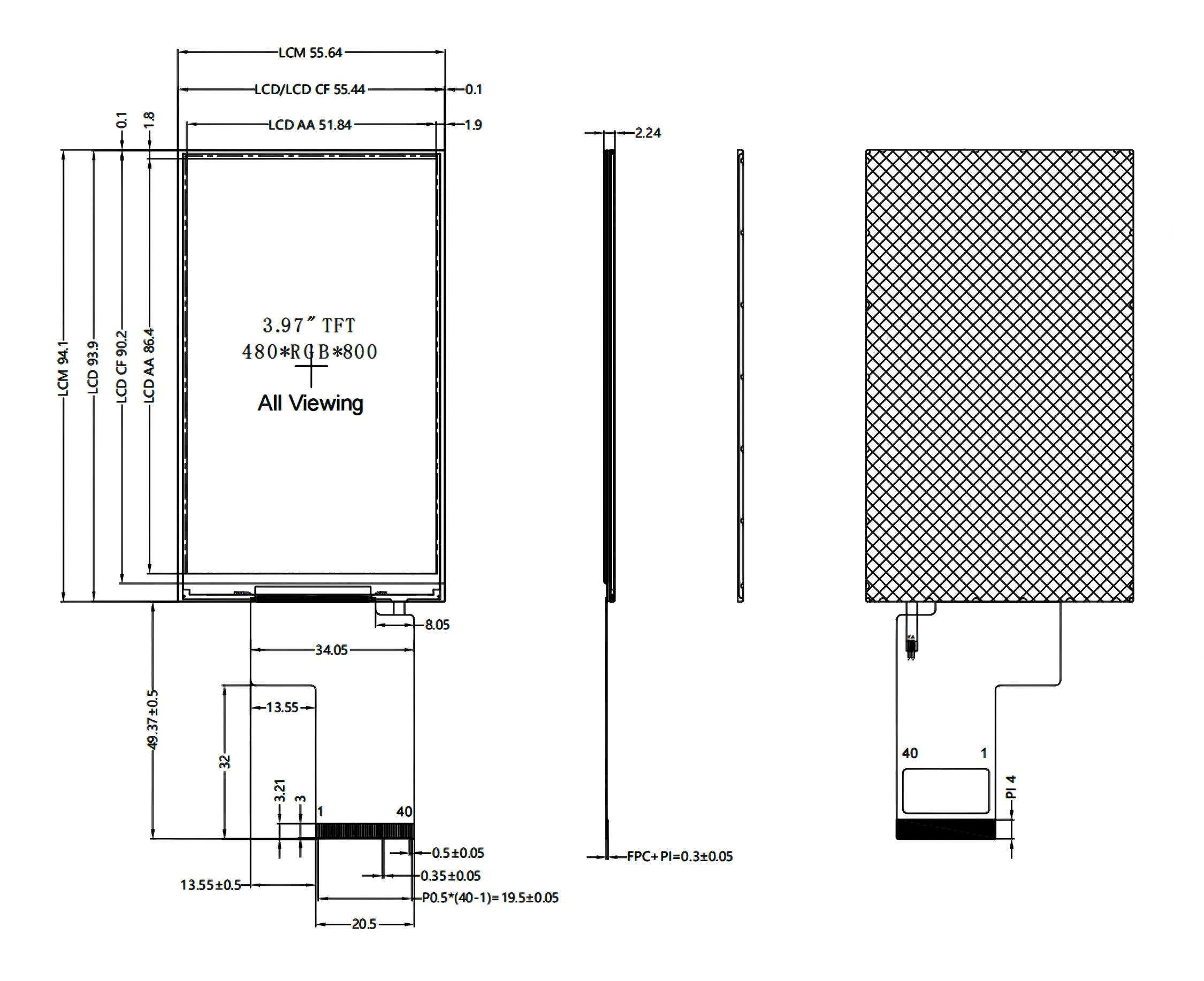 3.97 Inch IPS TFT LCD Module 480×800 24bit RGB 40-Pin ST7701S Driver for Smart Devices