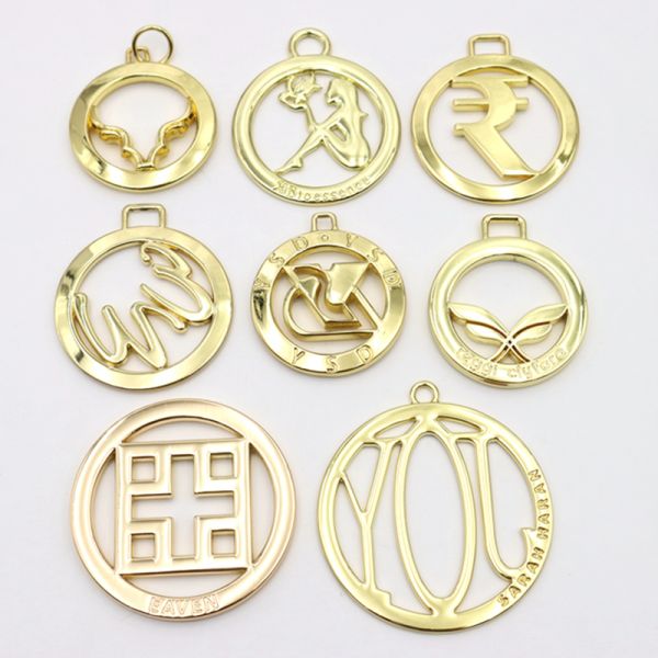 Popular Circle Hollow Letter Metal Charm Custom Logo Tag For Keychain Purse