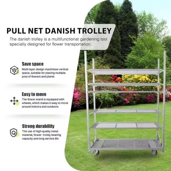 Heavy Duty Galvanized Horticultural Danish Trolleys Greenhouse Rolling Nursery Transport Storage