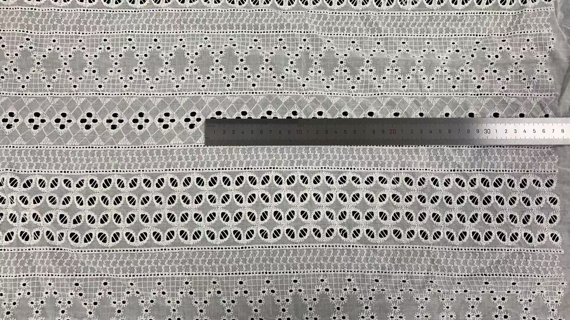 Soft 100% Cotton Horizontal Striped Eyelet Embroidery Fabric, Geometric Diamond Oval Hollow Cutwork Lace for Summer Dress Blouse