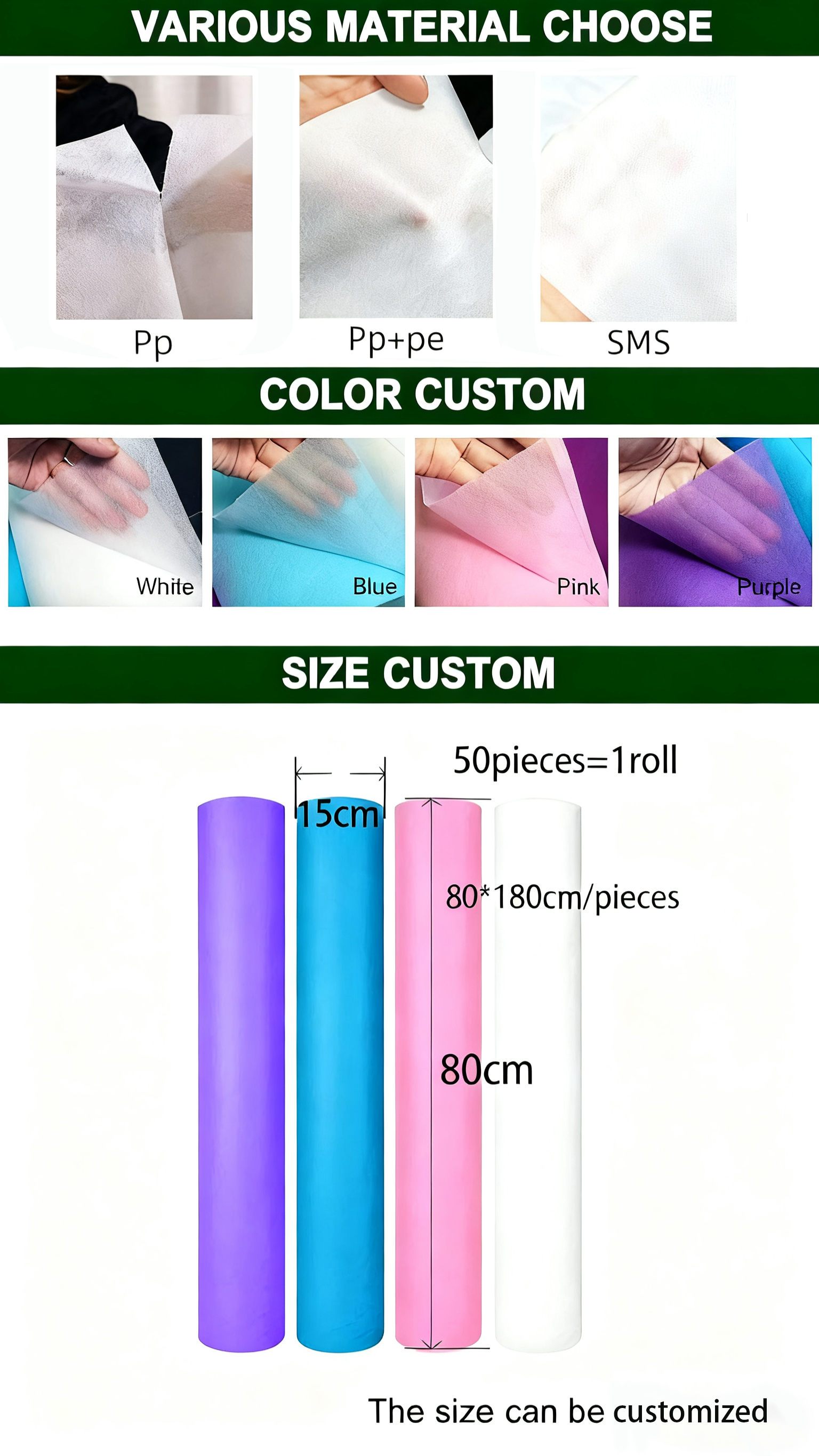 Polypropylene Hygienic Disposable Bed Sheet Rolls Breathable for Massage Spa Couch