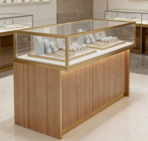 Luxury Modern LED Jewelry Display Case Custom Wood Grain Glass Island Showcase