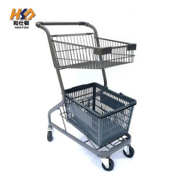 180L 2 Tier Double Basket Metal Shopping Cart With Wheels Trolley For Retail Shop