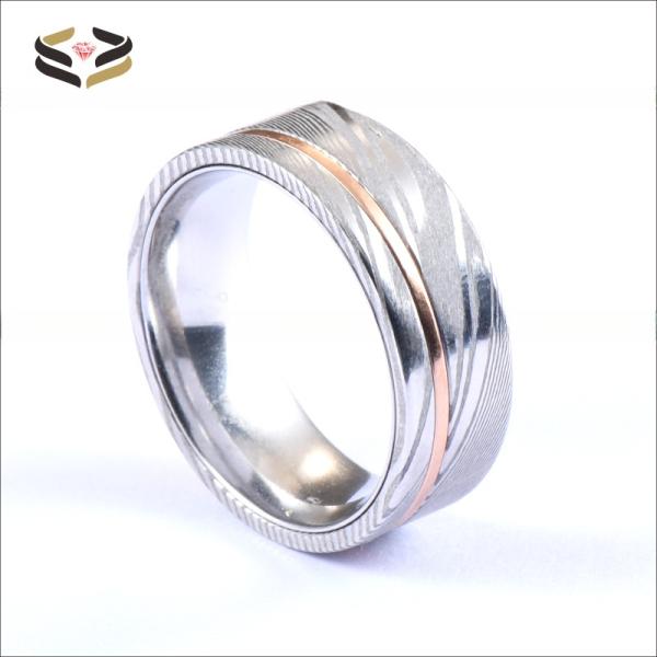 Engagement Men's Damascus Steel Rings 8mm with Tungsten Core Inner And Copper Inlay