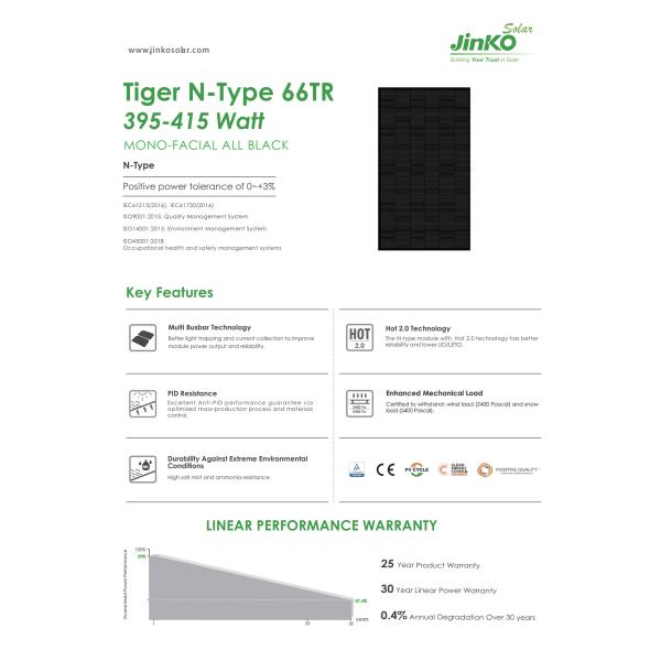 Panel solar Jinko Tiger N-tipo 66tr 395W 400W 405W 410W 415W Panel solar Jinko